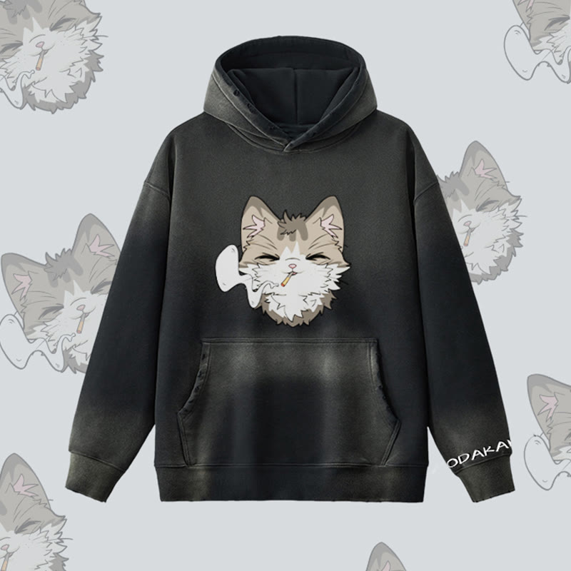 MODAKAWA スモーキングキャットグラフィック ヴィンテージウォッシュドフリース裏毛パーカー - Black - 2XL - image 7