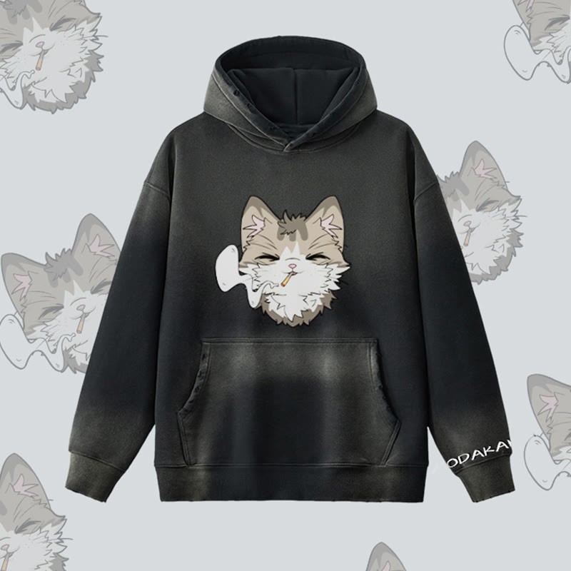 MODAKAWA スモーキングキャットグラフィック ヴィンテージウォッシュドフリース裏毛パーカー - Black - 2XL - image 7