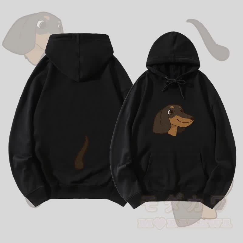 MODAKAWA 子犬の顔と尻尾のグラフィック ストリートウェア プルオーバー パーカー - 黒 - 5XL - image 4