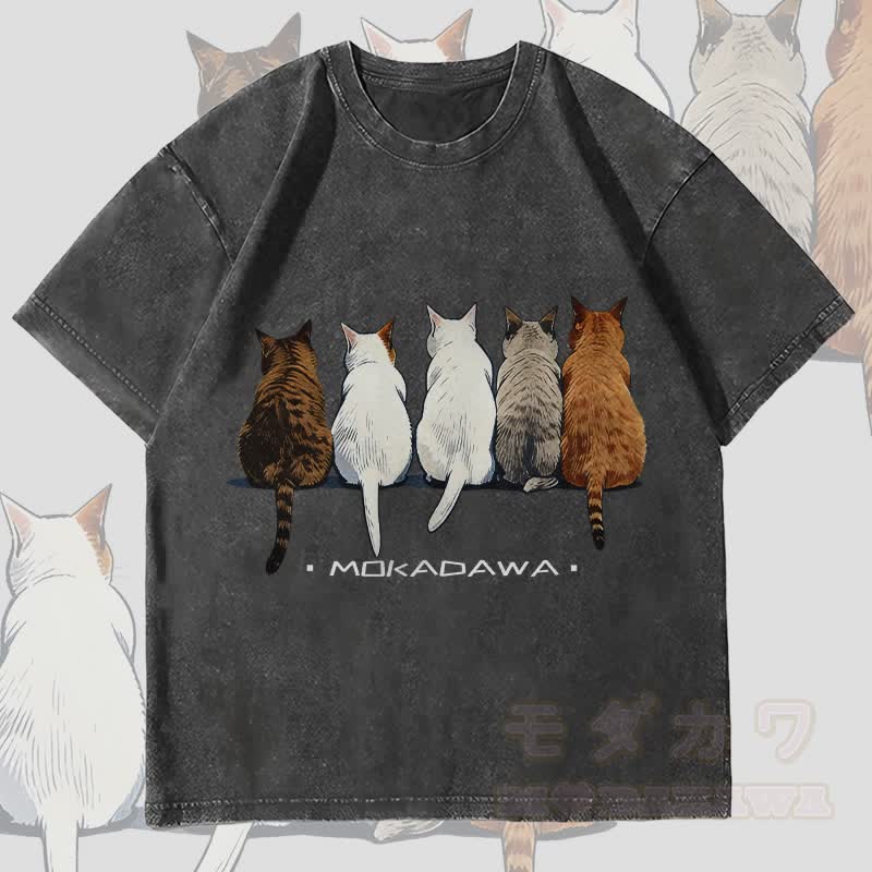 MODAKAWA 猫たちが一緒に座っているグラフィック ユニセックス ヴィンテージ ウォッシュ加工 Tシャツ - 黒 - 4XL - image 4