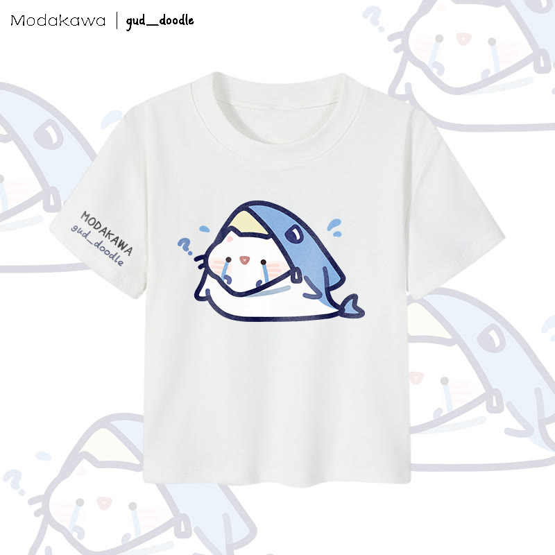 MODAKAWA X gud_doodleシャークキャットグラフィック レディース クロップドTシャツ 92% コーマ綿クロップトップ - White - XL - image 4