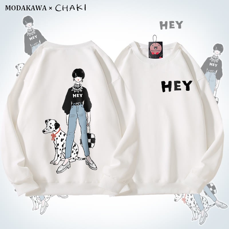 MODAKAWA X chaki ガール＆ダルメシアン グラフィック ユニセックス スウェットシャツ - White - 5XL - image 2