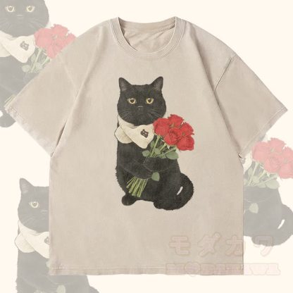 MODAKAWA 黒猫とバラのグラフィック ユニセックス ヴィンテージ ウォッシュド Tシャツ - ベージュ - 4XL - image 3