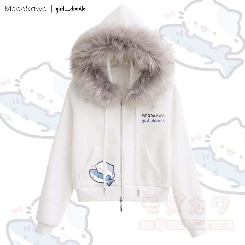 MODAKAWA x gud_doodleキティとサメのグラフィック フリース裏地 フェイクファートリム ジップアップパーカー - 白 - L - image 3