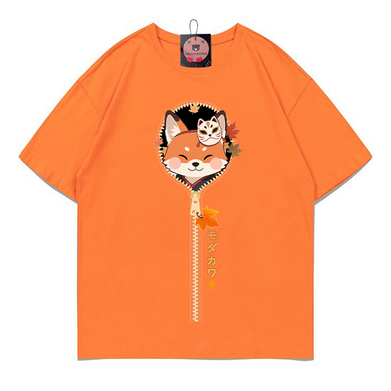 フォックスジッパープリント100%綿ModakawaTシャツ - Orange - 5XL - image 3