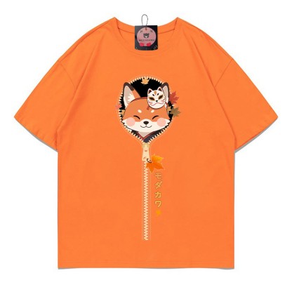 フォックスジッパープリント100%綿ModakawaTシャツ - Orange - 5XL - image 3
