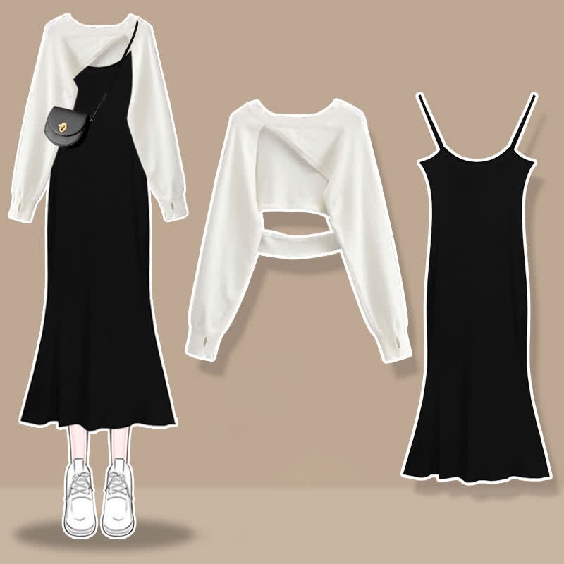 イレギュラーなホローアウトセーター、フリル付きスプリットスリップドレス、マッチングアウトフィット - Set D - XL - image 4