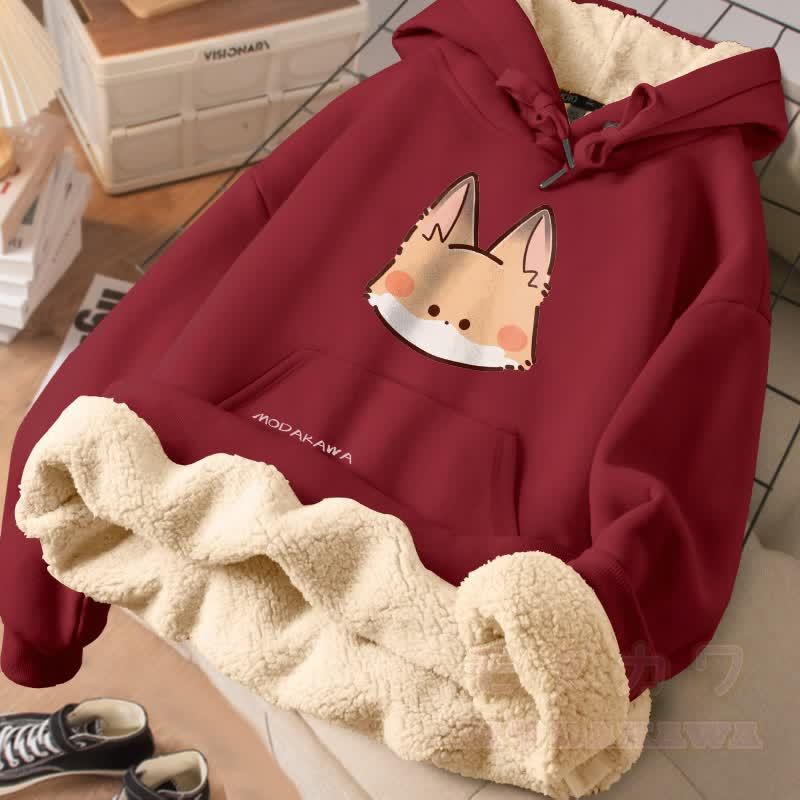MODAKAWA キュートなキツネの顔のグラフィック 厚手裏起毛冬パーカー - ワインレッド - 2XL - image 3