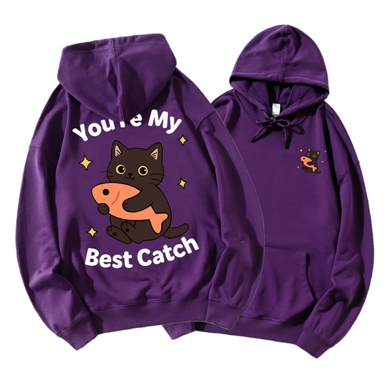 魚を抱くキティのグラフィックカップルマッチングパーカー - Dark Purple B - 5XL - image 9