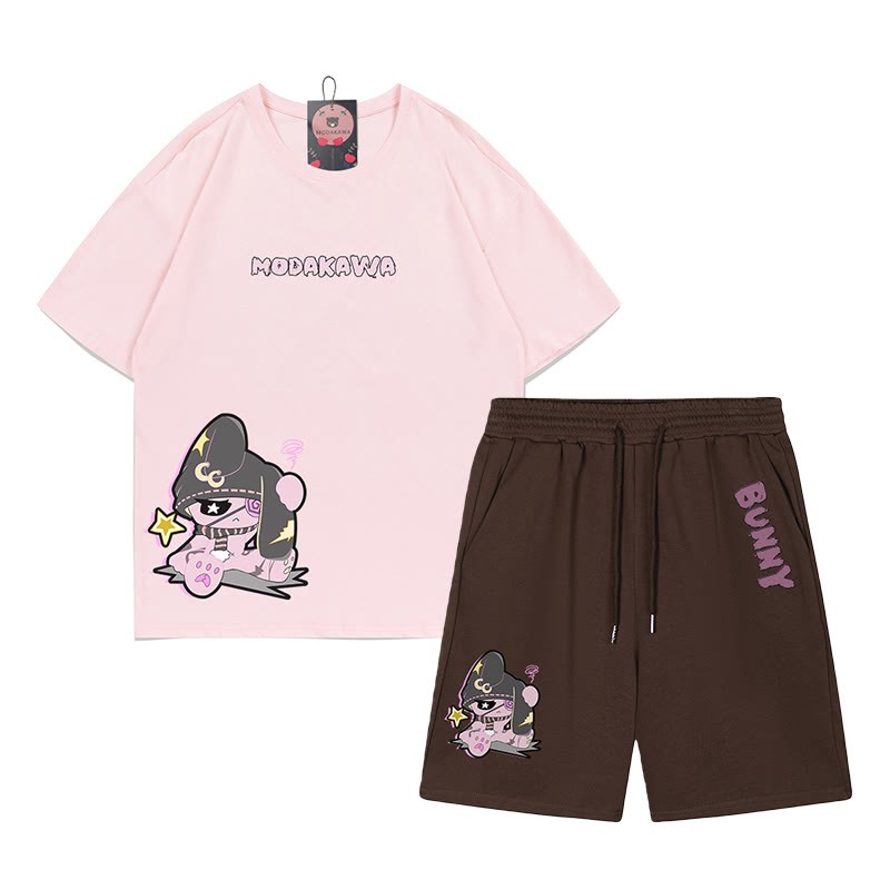 不幸なウサギのグラフィックダーク美学Tシャツショーツ2点セット - ピンク＆ブラウン - B - 5XL - image 5