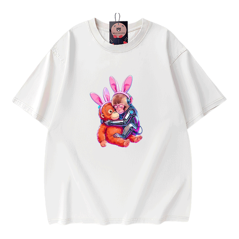 ハグするサイバーモンキー グラフィックModakawaヴィンテージウォッシュ100%綿Tシャツ - White - 5XL - image 3