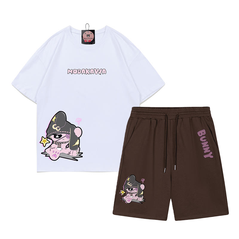 不幸なウサギのグラフィックダーク美学Tシャツショーツ2点セット - ホワイト＆ブラウン - B - 5XL - image 8