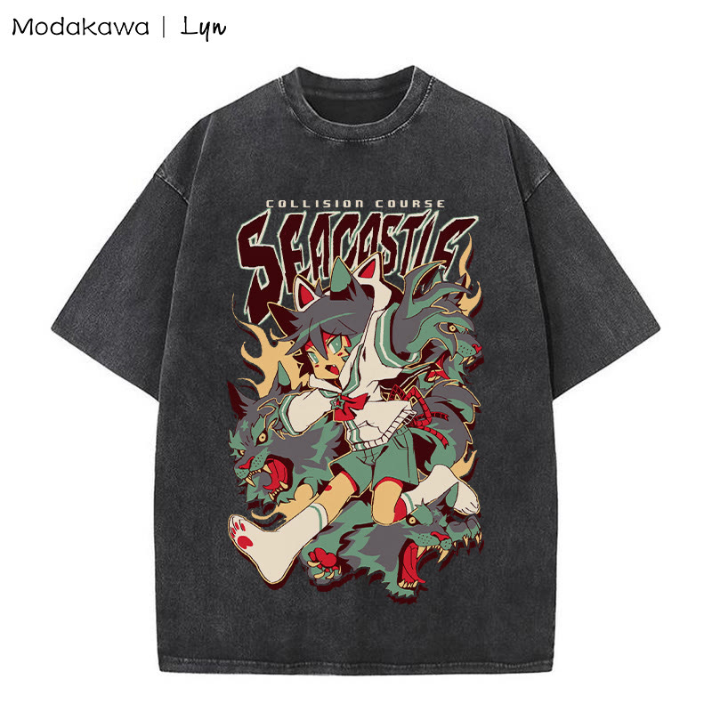 MODAKAWA X Lyn Mametchi COLLISION COURSE キティガールグラフィック ユニセックス ヴィンテージウォッシュTシャツ - Black - 5XL - image 3