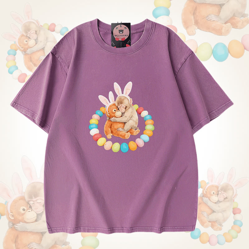 イースターエッグモンキーグラフィックModakawaユニセックス ヴィンテージウォッシュドTシャツ - Purple - 5XL - image 7