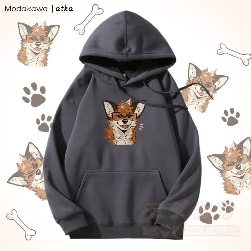 眼鏡をかけたキツネのグラフィック フリース裏地パーカー - ダークグレー - 5XL - image 8