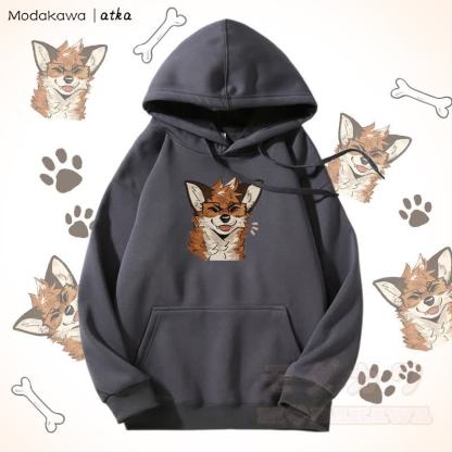 眼鏡をかけたキツネのグラフィック フリース裏地パーカー - ダークグレー - 5XL - image 8