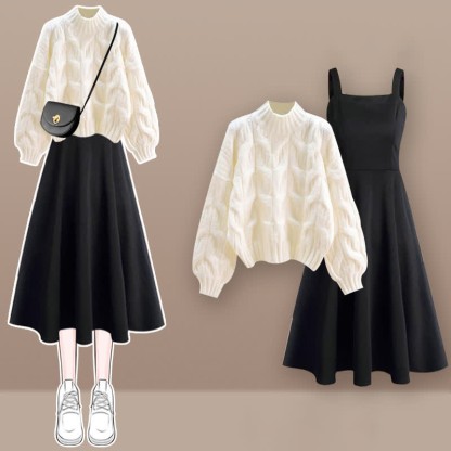 シックな純カラーケーブルセータースリップドレスのマッチングアウトフィット - White Set - XL - image 1