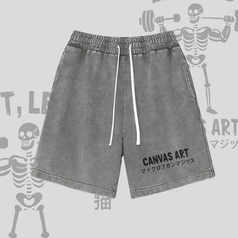 キャンバスアート レターグラフィックModakawaヴィンテージウォッシュドショーツ - Grey - 3XL - image 3
