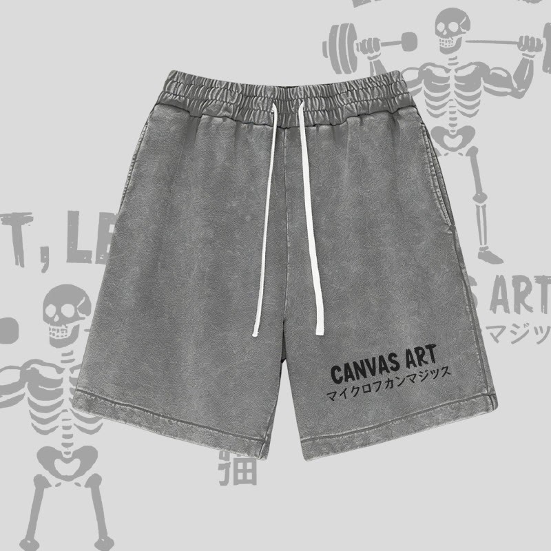 キャンバスアート レターグラフィックModakawaヴィンテージウォッシュドショーツ - Grey - 3XL - image 3