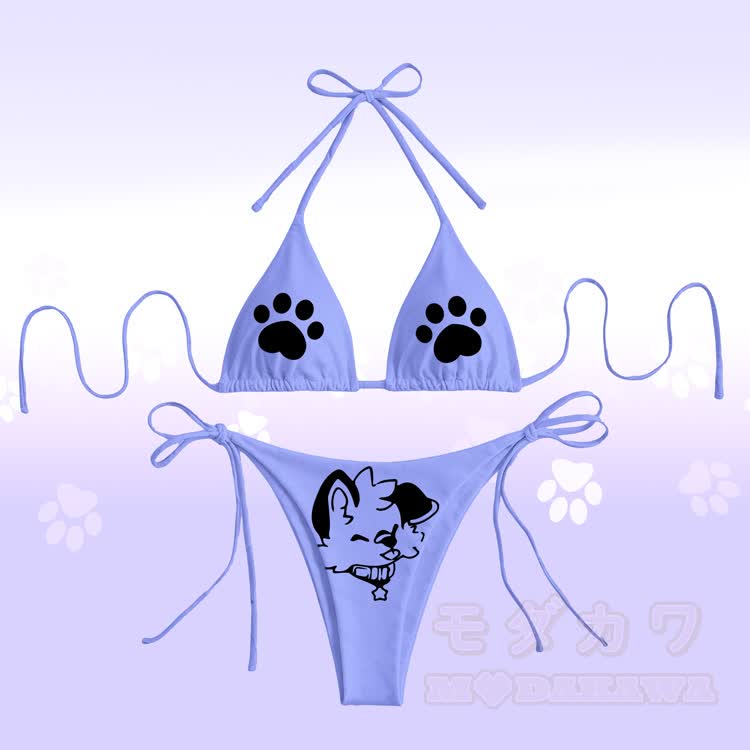MODAKAWA × popipeko 舌出し子犬の足跡グラフィック レディース水着タイビキニセット - 紫 - 4XL - image 6