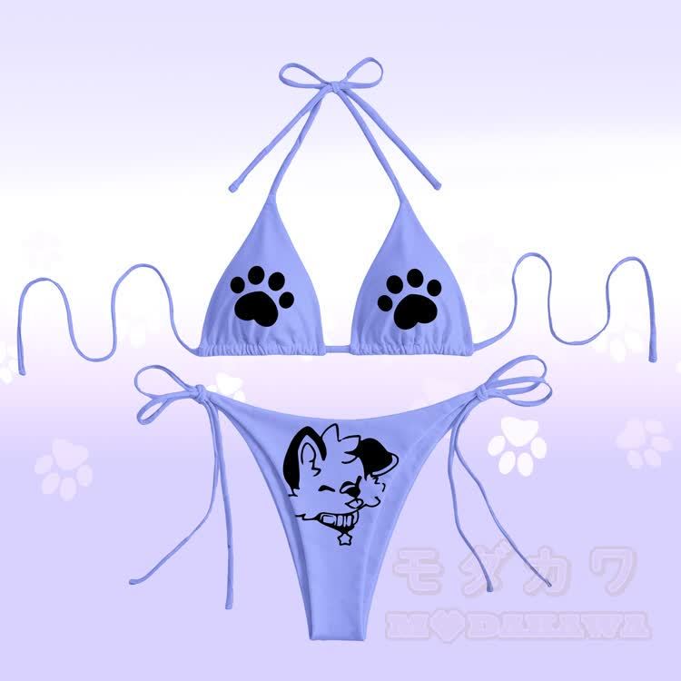 MODAKAWA × popipeko 舌出し子犬の足跡グラフィック レディース水着タイビキニセット - 紫 - 4XL - image 6