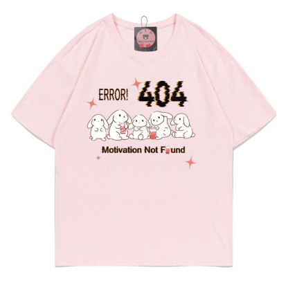 ERROR 404 MOTIVATION NOT FOUNDん バニープリント100%綿ModakawaTシャツ - Pink - 5XL - image 1