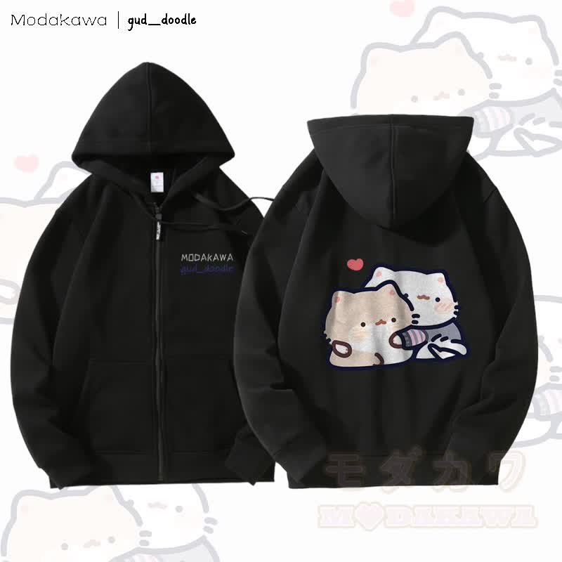 MODAKAWA X gud_doodleキティグラフィック フリース裏地 ジップアップ パーカー スウェットシャツ - 黒 - 5XL - image 5