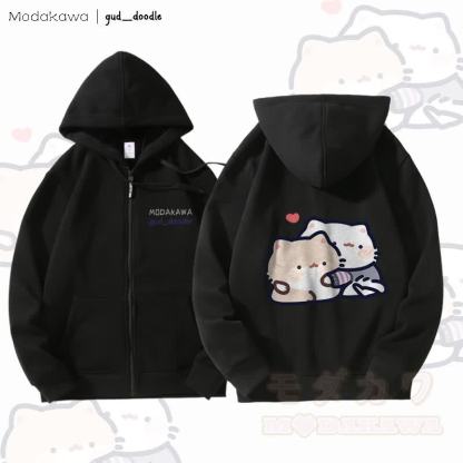 MODAKAWA X gud_doodleキティグラフィック フリース裏地 ジップアップ パーカー スウェットシャツ - 黒 - 5XL - image 5