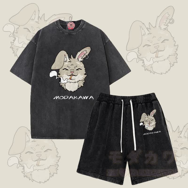 MODAKAWA スモーキングバニー グラフィック ヴィンテージウォッシュTシャツ ショーツ 2点セット - 黒 - 3XL - image 4