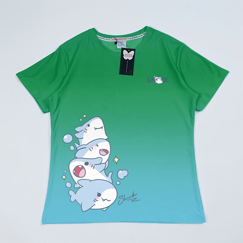 グラデーションスタックシャークグラフィックTシャツ - Green&Blue - 5XL - image 6