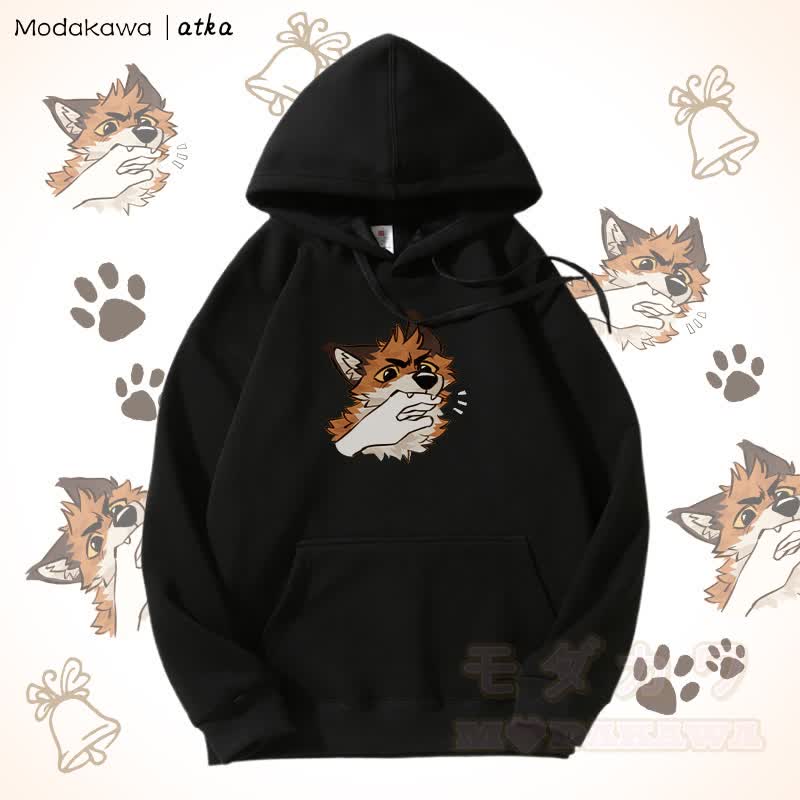 遊び心のあるキツネのグラフィック フリース裏地パーカー - 黒 - 5XL - image 9