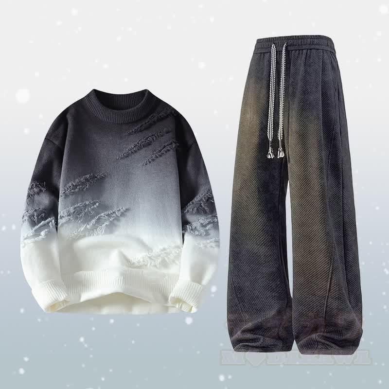 グラデーションニット リップドセーター フリース裏地パンツ ツーピース - セットC - 4XL - image 3