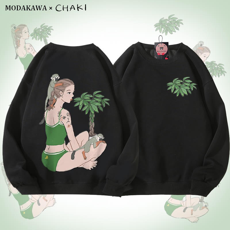 MODAKAWA X chaki ガール＆モンキー グラフィック ユニセックス スウェットシャツ - Black - 5XL - image 4