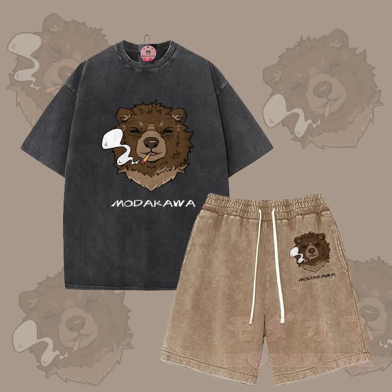 MODAKAWA スモーキングベアグラフィック ヴィンテージウォッシュTシャツ ショーツ 2点セット - ブラック＆ブラウン - 3XL - image 4