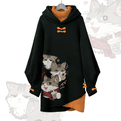 遊び心のある猫のグラフィック入りModakawaバックル付きヴィンテージフード付きスウェットシャツドレス - Orange - 3XL - image 3
