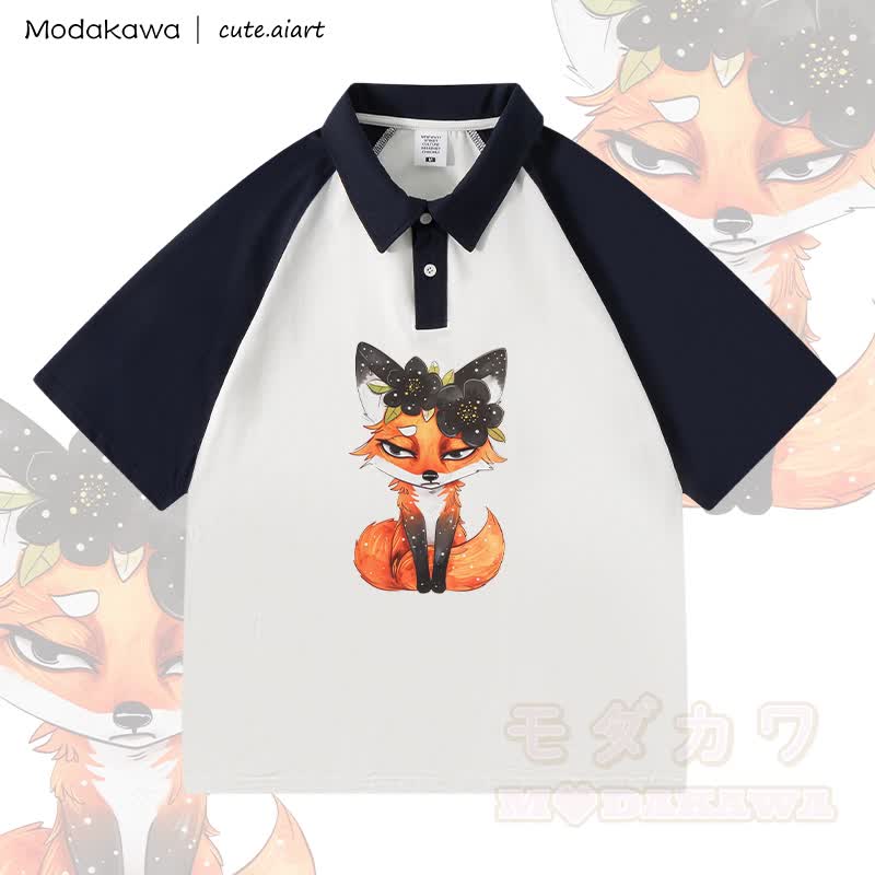 MODAKAWA × cute.aiart 花柄キツネ柄100%綿ポロシャツ - 白と紫がかった青 - 4XL - image 3