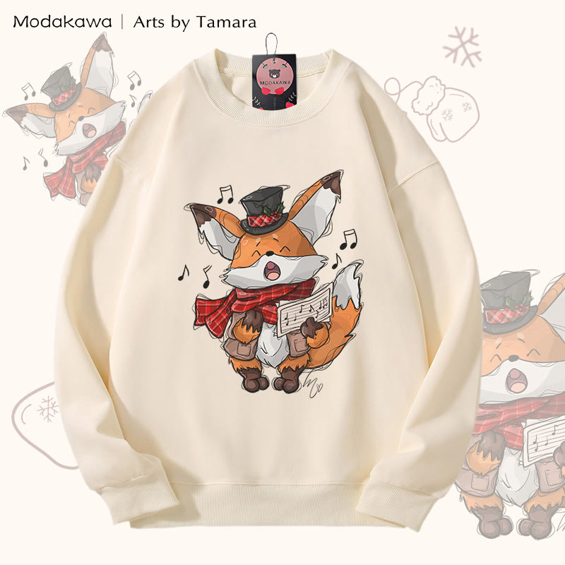 MODAKAWA X Arts by Tamara Singing Fox クリスマス グラフィック ユニセックス スウェットシャツ - Beige - 5XL - image 3