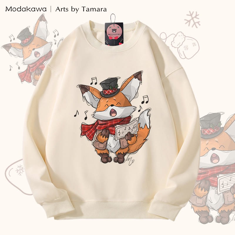 MODAKAWA X Arts by Tamara Singing Fox クリスマス グラフィック ユニセックス スウェットシャツ - Beige - 5XL - image 3