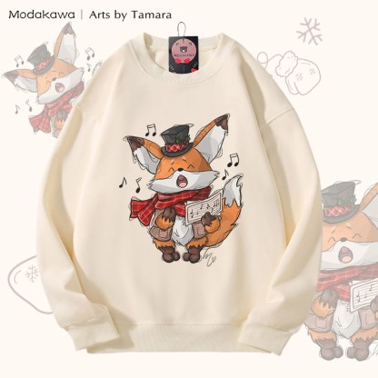 MODAKAWA X Arts by Tamara Singing Fox クリスマス グラフィック ユニセックス スウェットシャツ - Beige - 5XL - image 3
