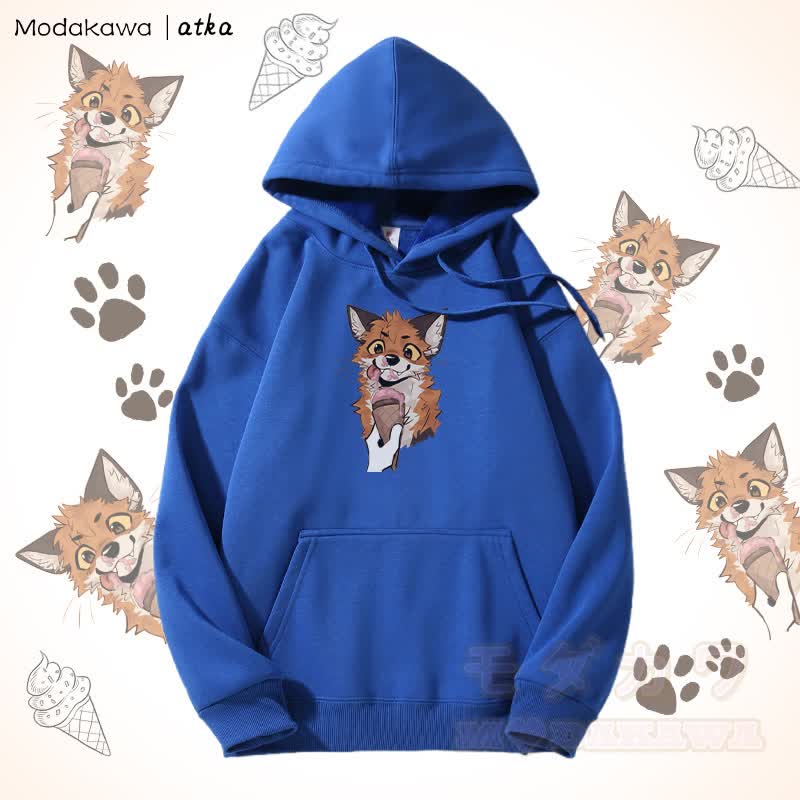 キツネがアイスクリームを食べるグラフィック フリース裏地パーカー - 青 - 5XL - image 6