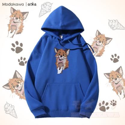 キツネがアイスクリームを食べるグラフィック フリース裏地パーカー - 青 - 5XL - image 6