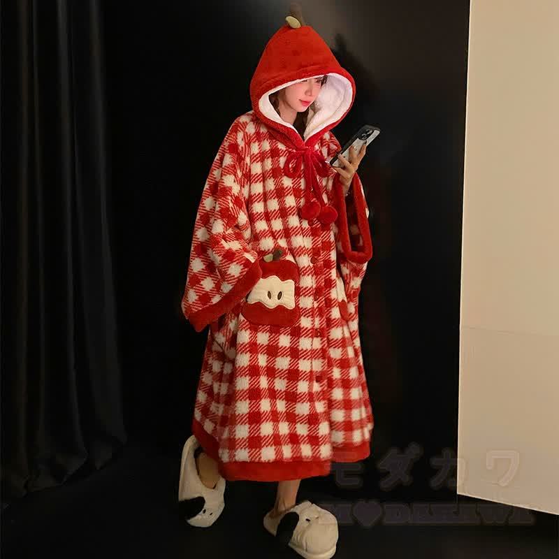 プラッシュチェック柄アップルフード付きケープローブ - image 4