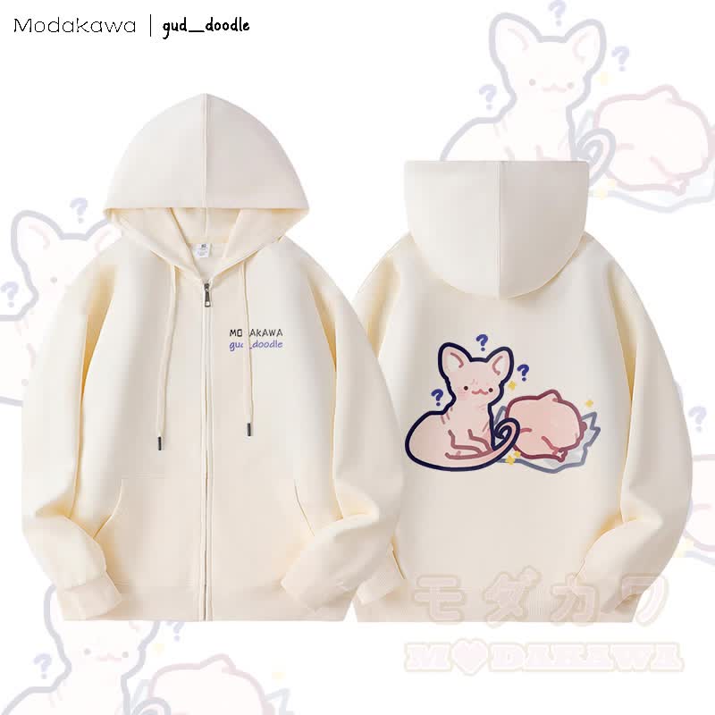 MODAKAWA x gud_doodleキティチキングラフィック 裏起毛 ジップアップ パーカー スウェットシャツ - ベージュ - 5XL - image 4