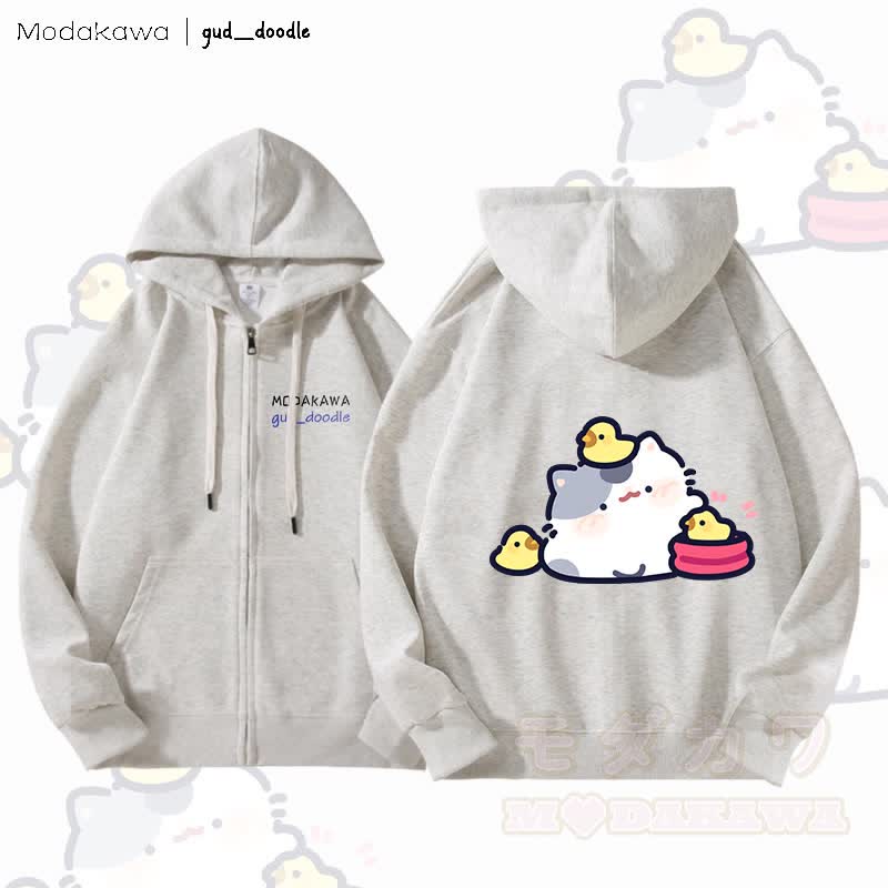 MODAKAWA x gud_doodleキティとひよこのグラフィック フリース裏地 ジップアップ フーディー スウェットシャツ - ライトグレー - 5XL - image 3