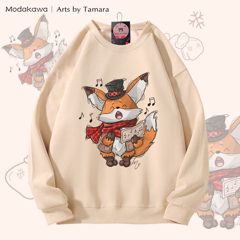 MODAKAWA X Arts by Tamara Singing Fox クリスマス グラフィック ユニセックス スウェットシャツ - Apricot - 5XL - image 4