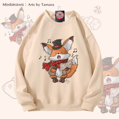 MODAKAWA X Arts by Tamara Singing Fox クリスマス グラフィック ユニセックス スウェットシャツ - Apricot - 5XL - image 4
