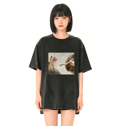 面白い猫のグラフィック入りModakawaユニセックス ヴィンテージウォッシュドTシャツ - image 3