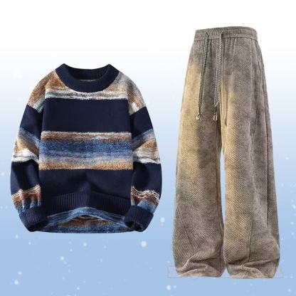ストライプニットセーター フリース裏地パンツ ツーピース - セットC - 4XL - image 3
