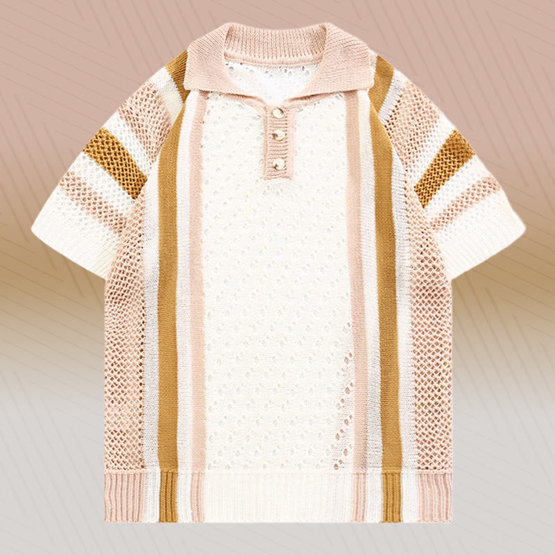 ストライプオープンニットポロシャツ、テクスチャードドローストリングショーツ、Modakawaマッチングアウトフィット - Pink Shirt (Single) - 3XL - image 7