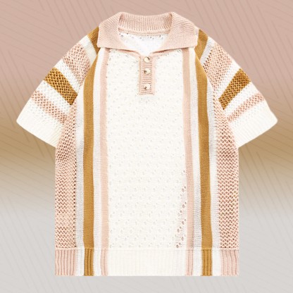ストライプオープンニットポロシャツ、テクスチャードドローストリングショーツ、Modakawaマッチングアウトフィット - Pink Shirt (Single) - 3XL - image 7